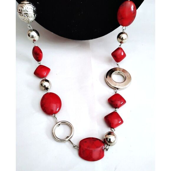 Y2K Bold Red Faux Stone and Silver Tone Statement Necklace, 30 Inches - Picture 3 of 3